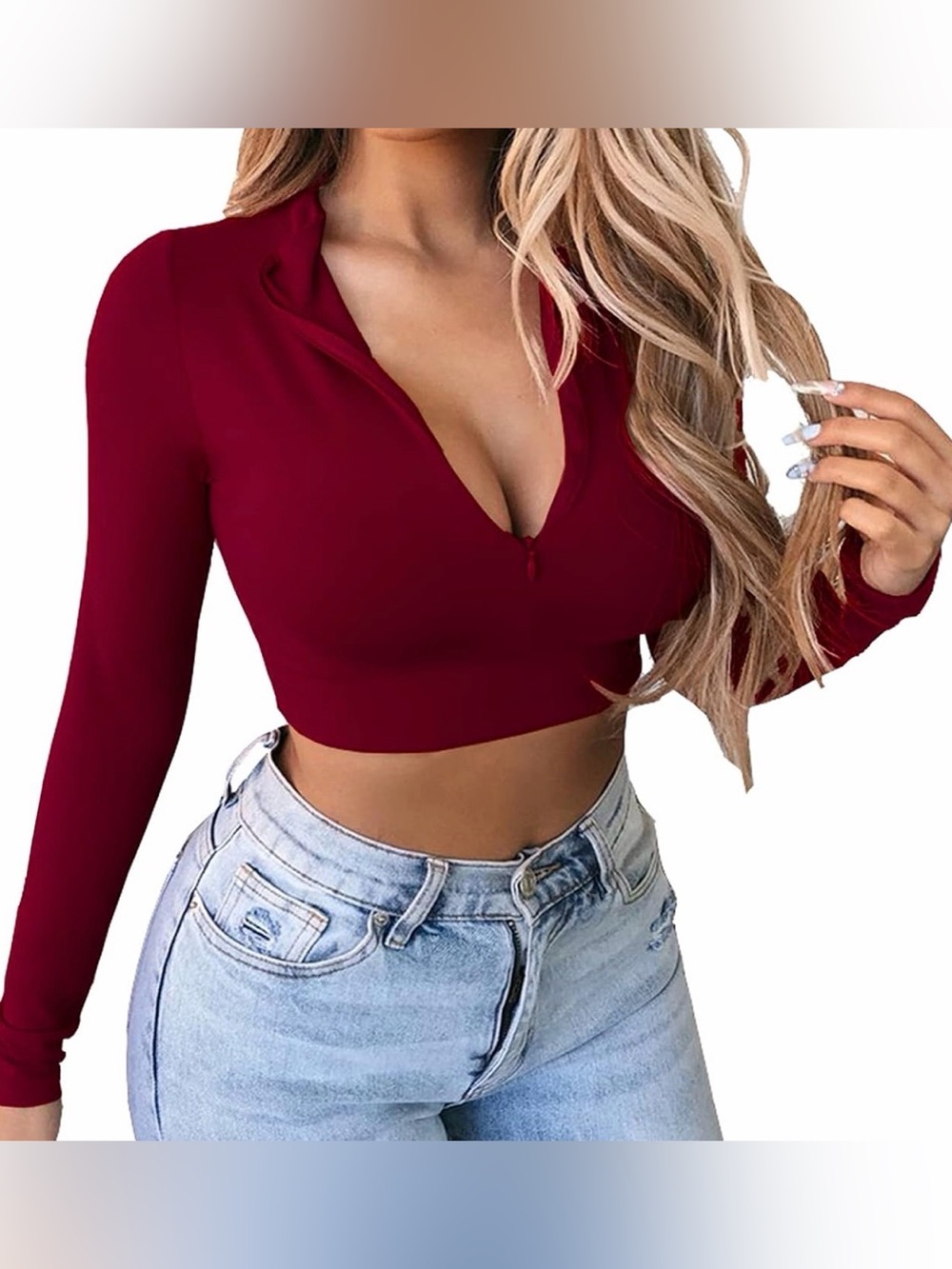 Women’s long sleeve quarter zip crop top fleece lined fitted cropped top